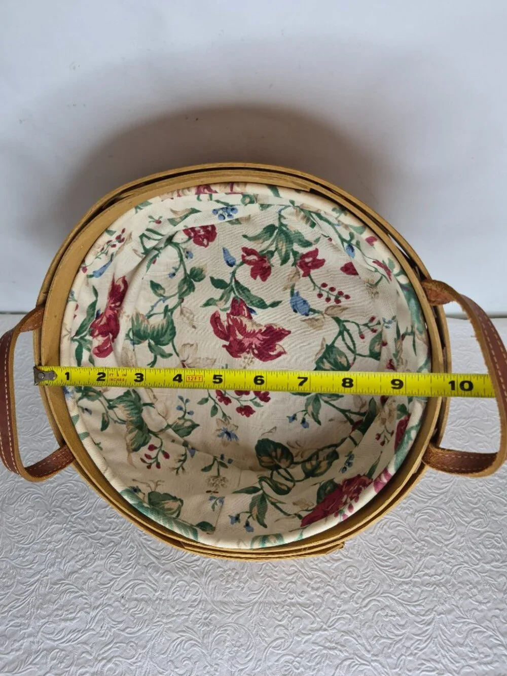 Vtg Longaberger Handmade Fabric Lined Button Wicker Basket Insert Leather Handle